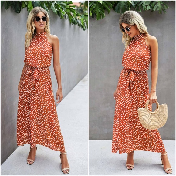 Orange belted dalmatian dot halter maxi dress - Picture 2 of 2